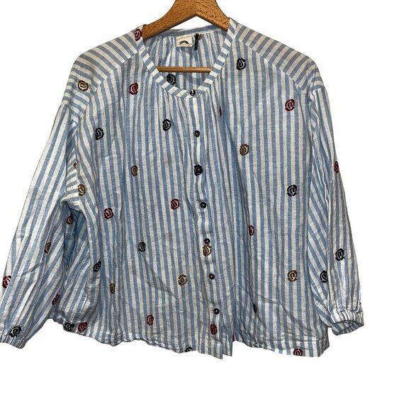 Anthropologie Akemi + Kin Striped Button-Up Blouse With Embroidered Floral Patte - Picture 3 of 9